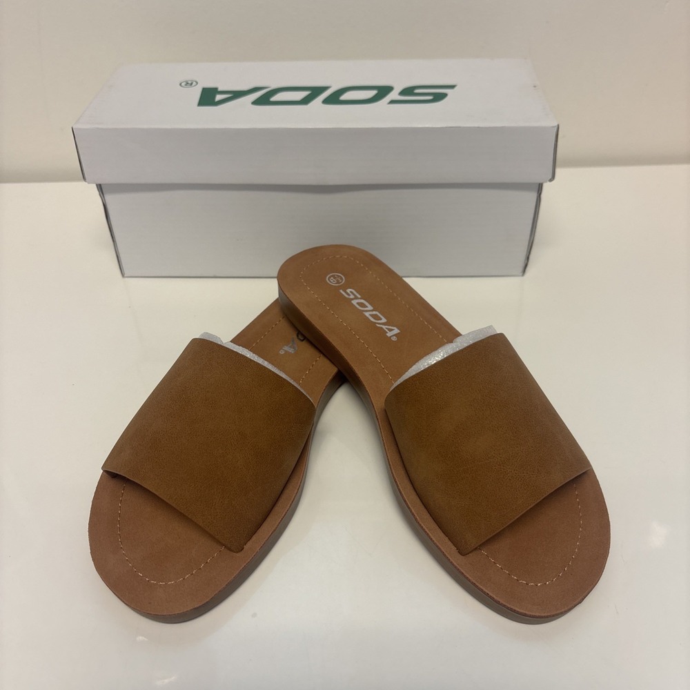 Soda Women Tan Single Strap Slide Sandals Size 6.5 NEW NWT shoes Box slip ons